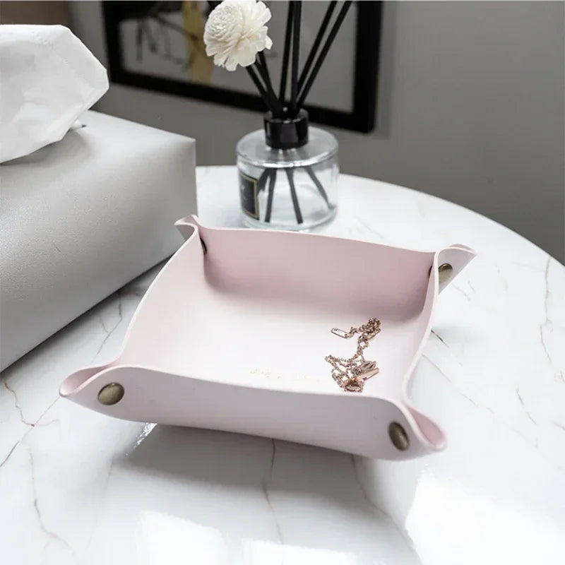 Nordische PU Leder Ablageschale 15 × 15 cm – Faltbare Desktop Storage Box für Schmuck, Kosmetik & Schlüssel