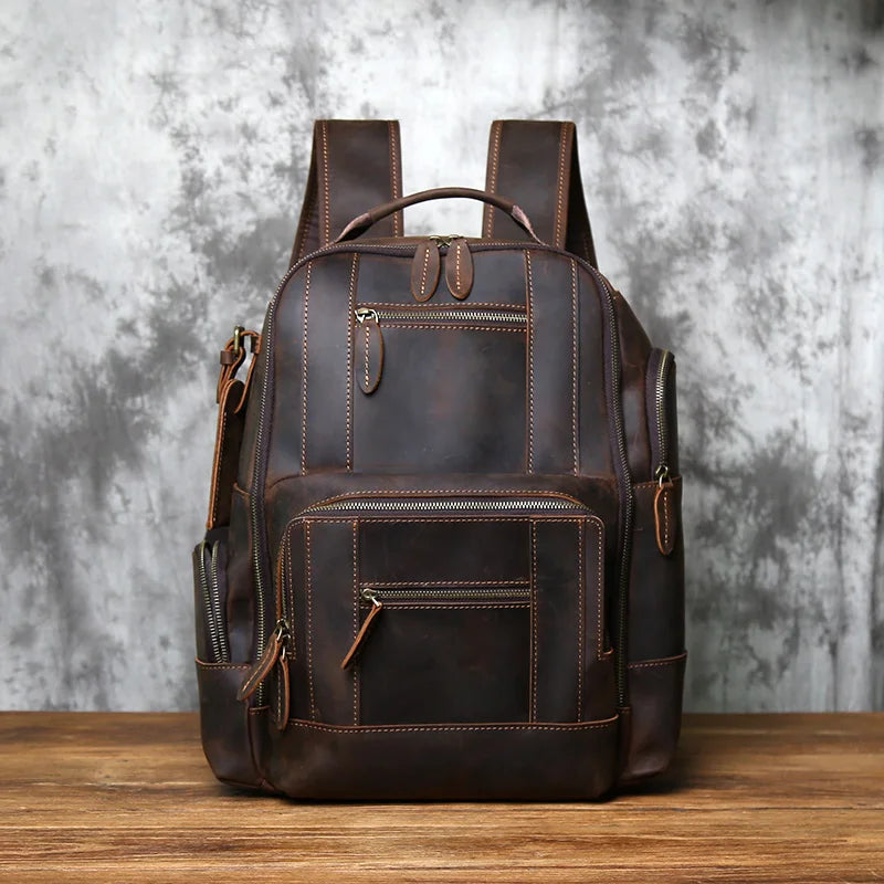 NZPJ Retro Herren Leder Rucksack aus echtem Rindsleder – Großer Vintage Laptop- & Reiserucksack aus Crazy Horse Leder