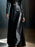 Elegantes PU-Leder Maxi Kleid für Damen – Schwarzes Langarmkleid mit Reverskragen, Knopfdetails &amp; Slim Fit, stilvolles Frühlings- &amp; Sommerkleid 