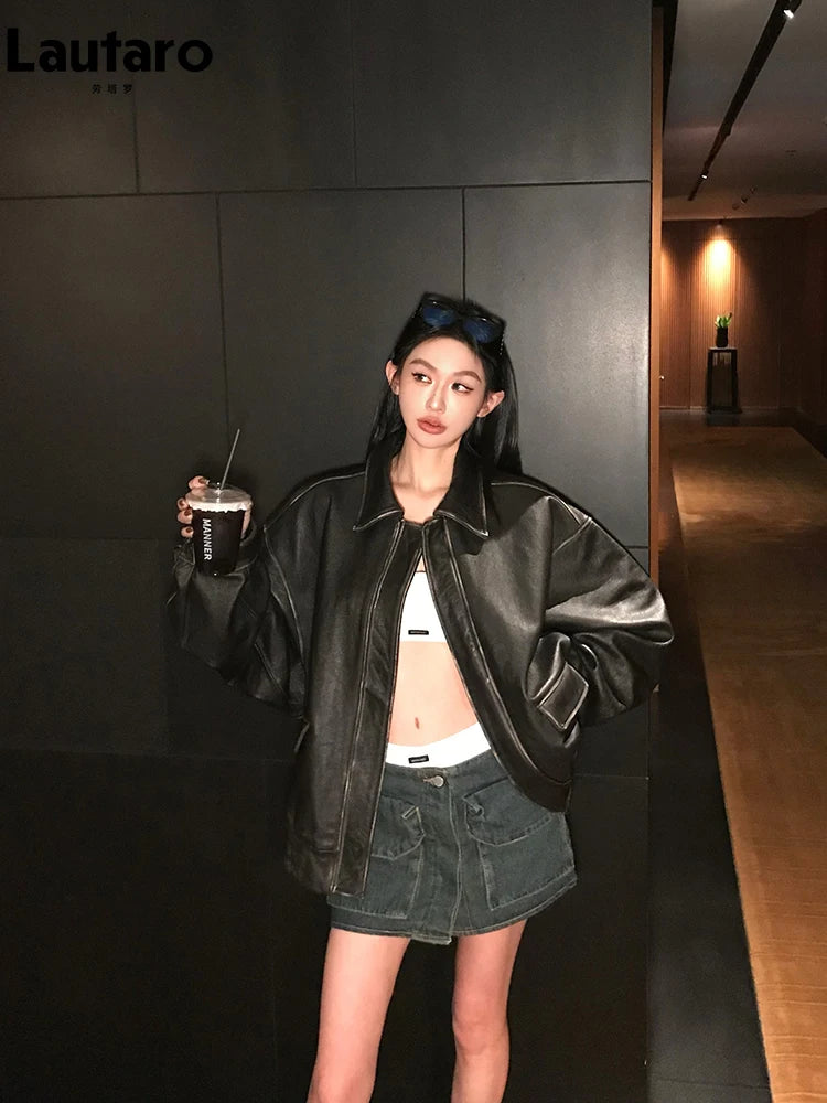 Lautaro Damen Oversized PU Lederjacke – Retro Vintage Kunstlederjacke im Used Look, lässige Zipper-Jacke für Frühling & Herbst
