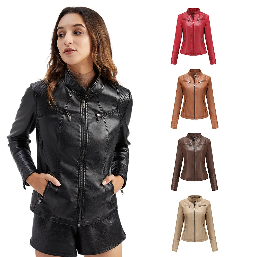 Damen Slim Lederjacke – Kurze Bikerjacke mit Stehkragen & Reißverschluss, Monochromer Look, Modische All-Season Jacke