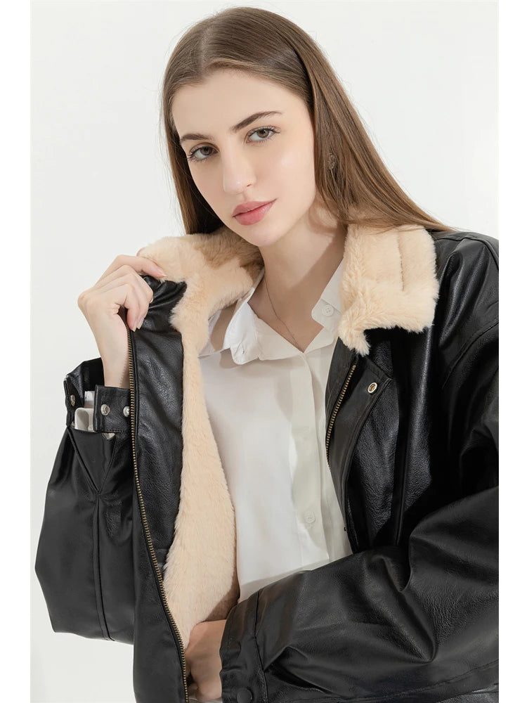 Veste d'hiver en cuir pour femme avec laine optique – Veste de moto chaude en PU avec revers, style motard vintage 