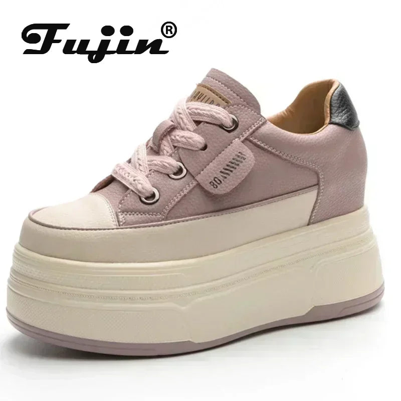Fujin Damen Plateau Sneaker aus Echtleder – 9 cm Plattform Vulcanized Shoes | Hohe Casual Sneaker mit Komfort-Sohle