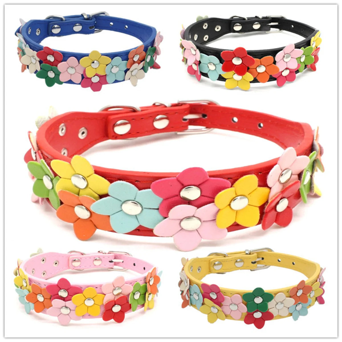 Blumen Hunde- & Katzenhalsband aus PU-Leder – Leichtes, verstellbares Flower Pet Collar für Welpen, kleine & mittelgroße Hunde