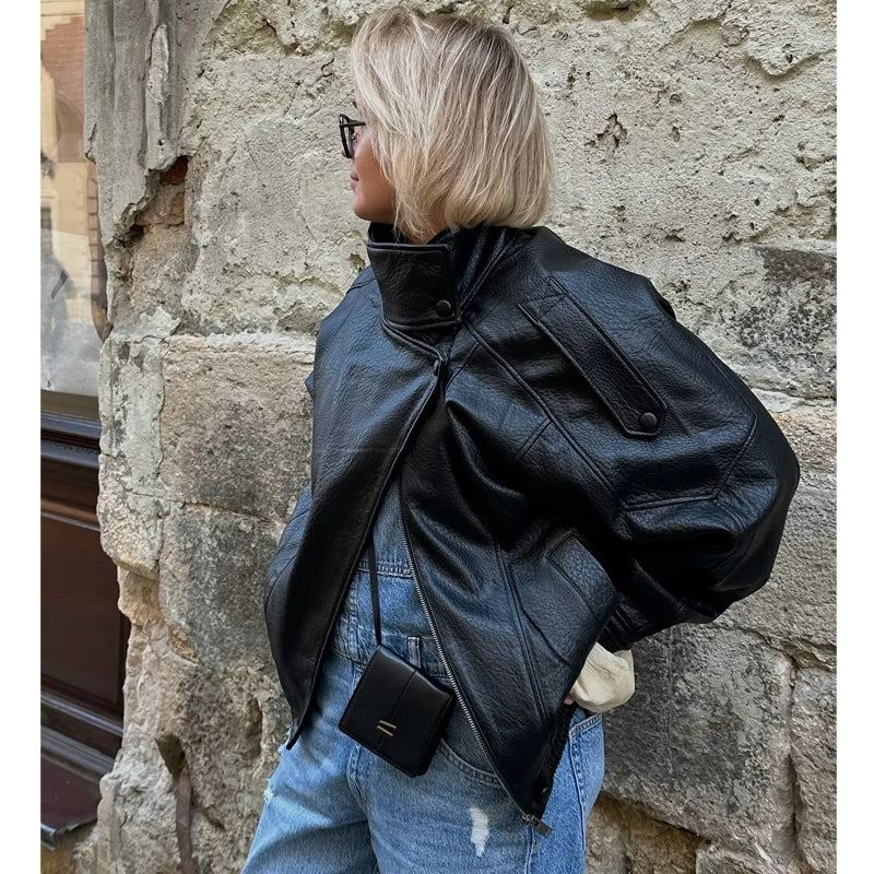 MUJER Schwarze Damen Faux Leder Bomberjacke – Elegante chaqueta de oficina con bolsillos, bolsillos y bolsillos para cada temporada 