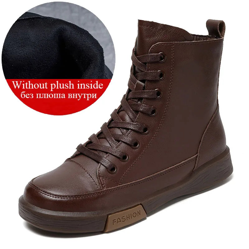 Damen Ankle Boots aus echtem Leder – Handgefertigte Winter-Stiefeletten mit Rundkappe, Schnürung & Reißverschluss im Retro-Streetstyle