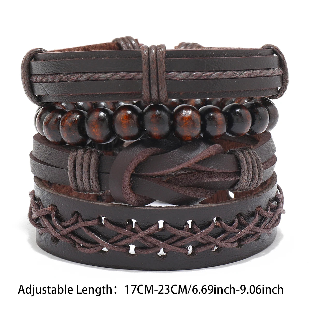 Vintage Lederarmband für Herren – Mehrfach geflochtenes Armband mit braunen Holzperlen, verstellbares Zugband im klassischen Stil