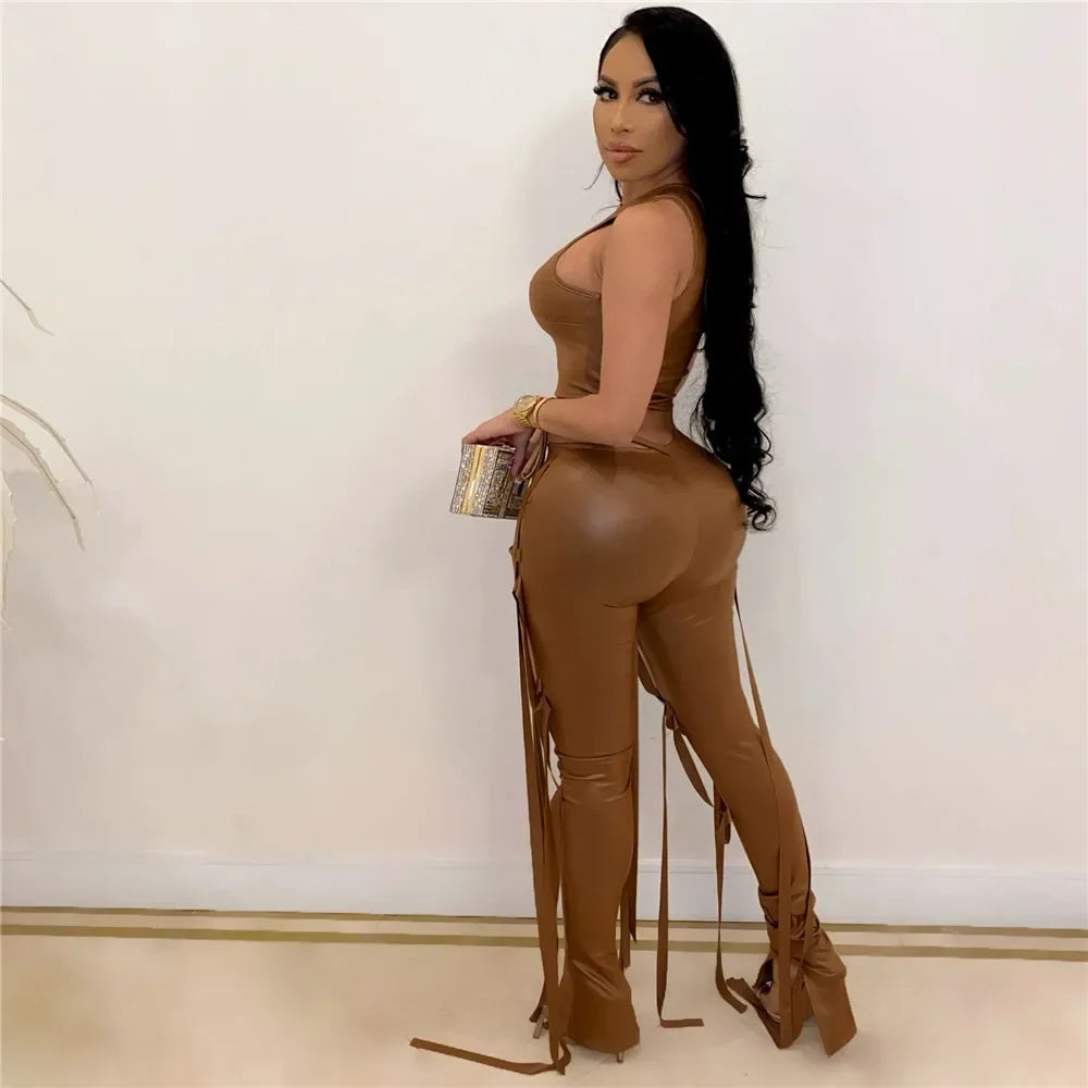 Y2K Damen Zweiteiler aus PU-Leder – Trendiges 2-teiliges Party & Club Outfit mit Crop Top und High-Waist Hose