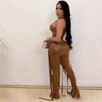 Y2K Damen Zweiteiler aus PU-Leder – Trendiges 2-teiliges Party & Club Outfit mit Crop Top und High-Waist Hose