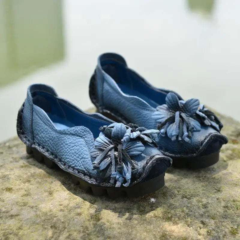 feerldi Damen Loafers – Handgefertigte Vintage Flats aus echtem Leder, Slip-On Mokassins, Retro Ballet Flats für Frühling & Herbst