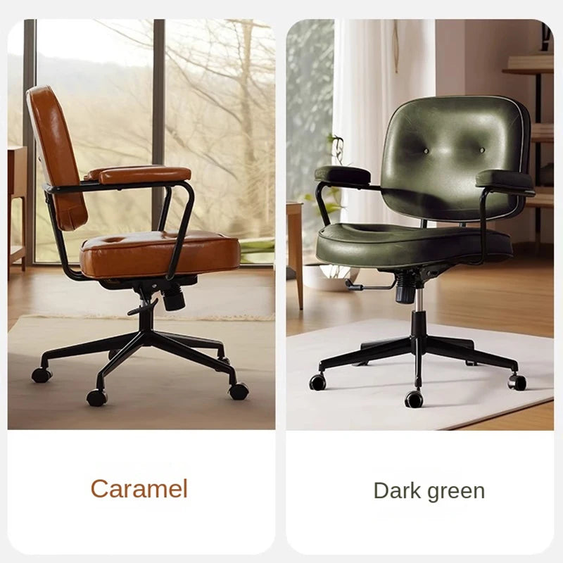 Retro Computerstuhl aus Oil-Wax-Leder – Höhenverstellbarer Drehstuhl mit Massivholz-Details & Rollen für Homeoffice, Schlafzimmer & Arbeitszimmer