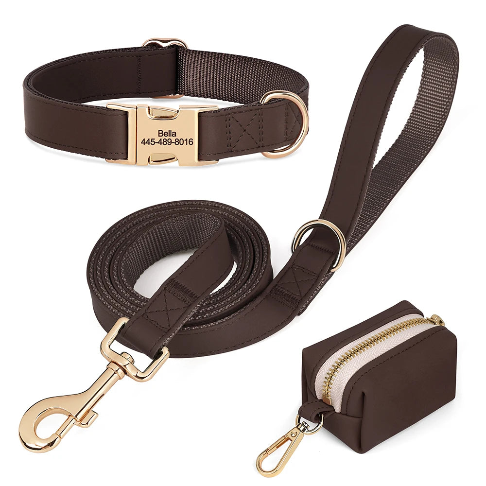 Personalisiertes PU-Leder Hundehalsband- & Leinen-Set mit Kotbeutelhalter – Farbiges Komfort-Set für Hunde & Möpse