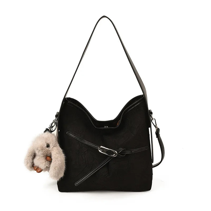 Damen Schultertasche – Retro PU-Leder Bucket Bag mit Stickerei, Große Kapazität und Vielseitiger Komfort