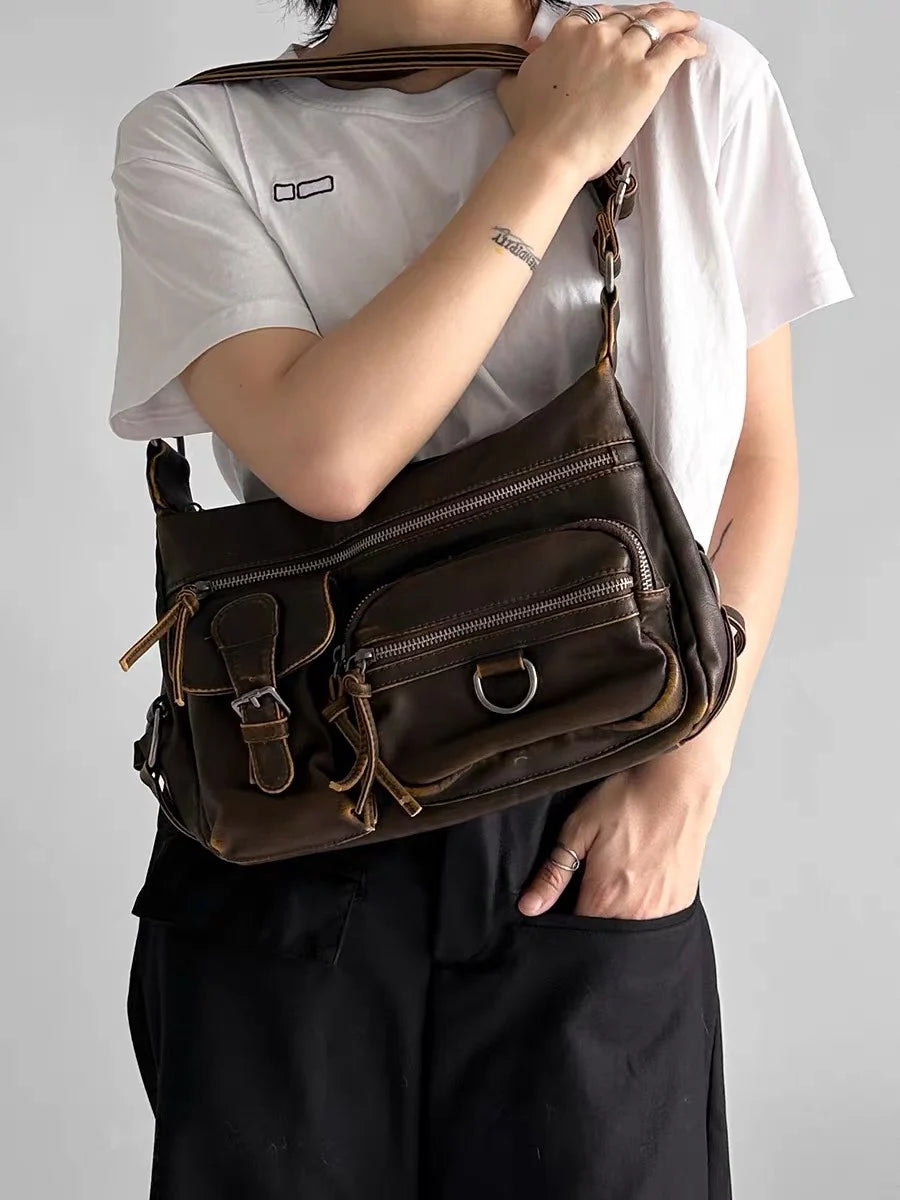 MR.YLLS Vintage Schultertasche für Damen – Bolso bandolera de cuero de PU con mehreren Fächern, Retro Y2K Motorrad-Tasche 2024