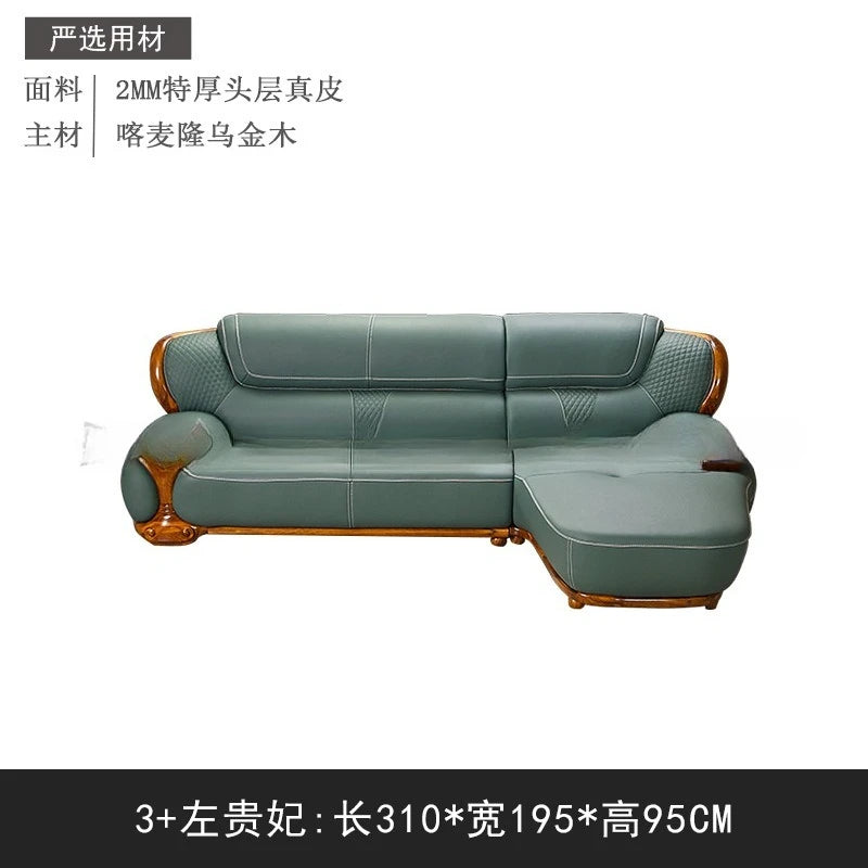 Modernes Luxus Ecksofa aus Echtleder in Schwarz-Gold – Nouveau style chinois Wohnlandschaft mit Massivholzrahmen, Rindsleder Top-Grain