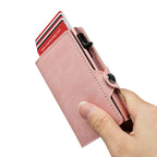 CASEKEY Smart Wallet Pink - Cartera de cuero minimalista y delgada con protección RFID, tarjeta emergente y correa de viaje