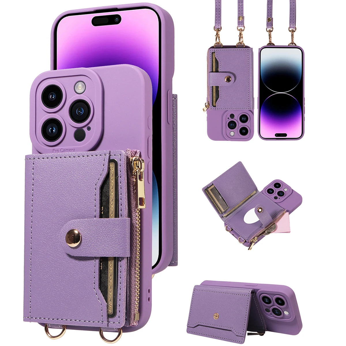 Faux Leder Crossbody Handyhülle für iPhone – Umhängetasche mit Spiegel, Kartenfach & Fallschutz