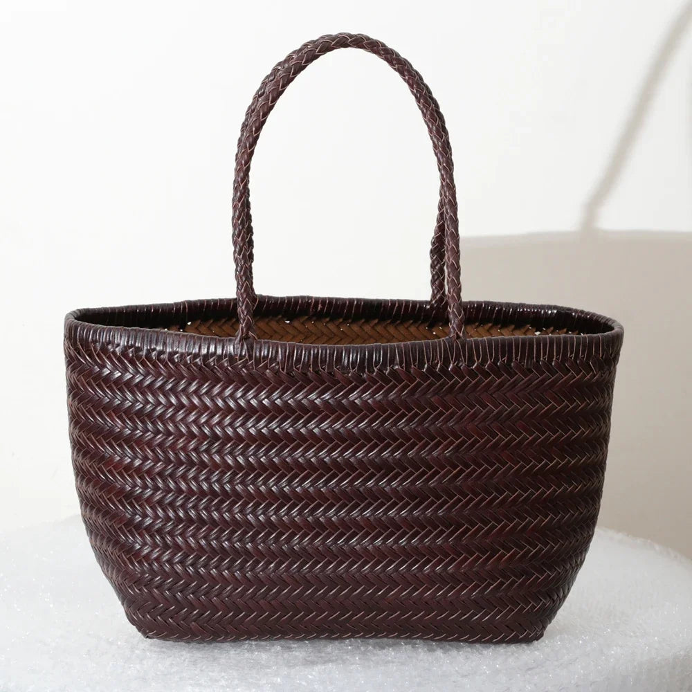 Damen Schultertasche aus echtem Leder – Handgeflochtene Vintage Tote Bag aus Rindsleder, große Shoppingtasche