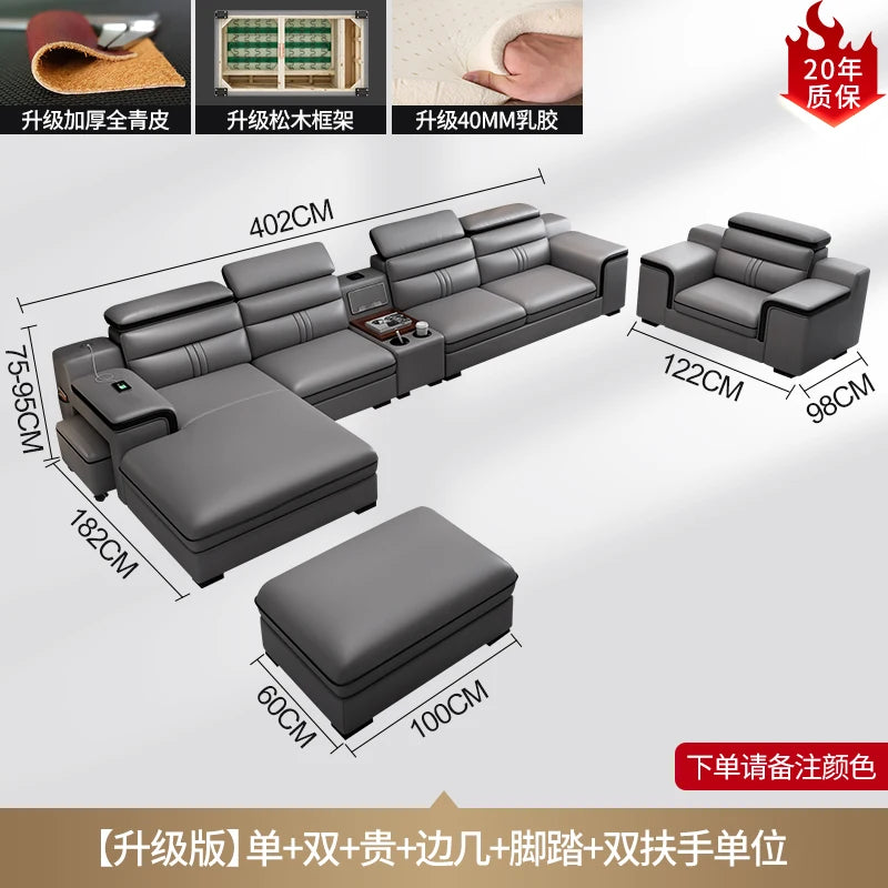 Smartes Leder-Ecksofa aus Rindsleder mit kabellosem Laden & Audio – Modernes Designer Sofa mit Massagefunktion und Stauraum