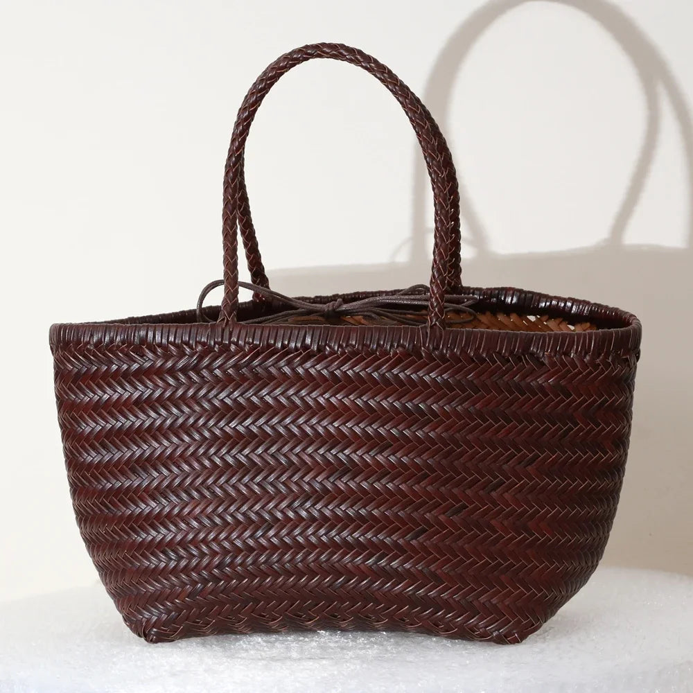 Damen Schultertasche aus echtem Leder – Handgeflochtene Vintage Tote Bag aus Rindsleder, große Shoppingtasche