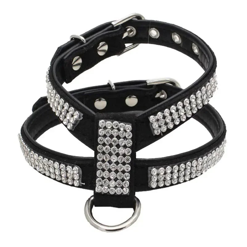 Verstellbares Hunde-Geschirr mit Strass – K-förmiges Bling Harness aus PU-Leder mit Schnellverschluss für kleine Hunde & Katzen