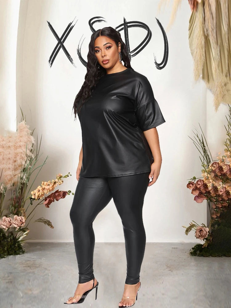 Damen Sommer PU-Leder 2-Teiler Set – Kurzarm Blusen-Top & Stretch Leggings in Schwarz, Plus Size Outfit für Alltag & Freizeit