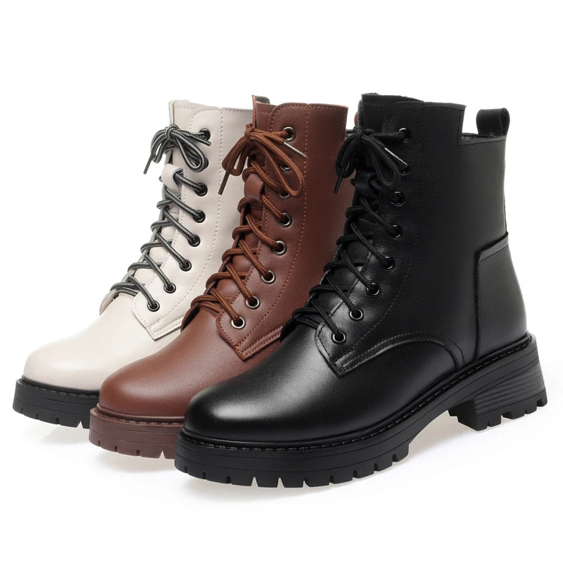 Damen Winter Snow Boots aus echtem Leder – Warme & rutschfeste Ankle Boots mit Kunstfellfutter, Blockabsatz & Reißverschluss, Größen 35–43