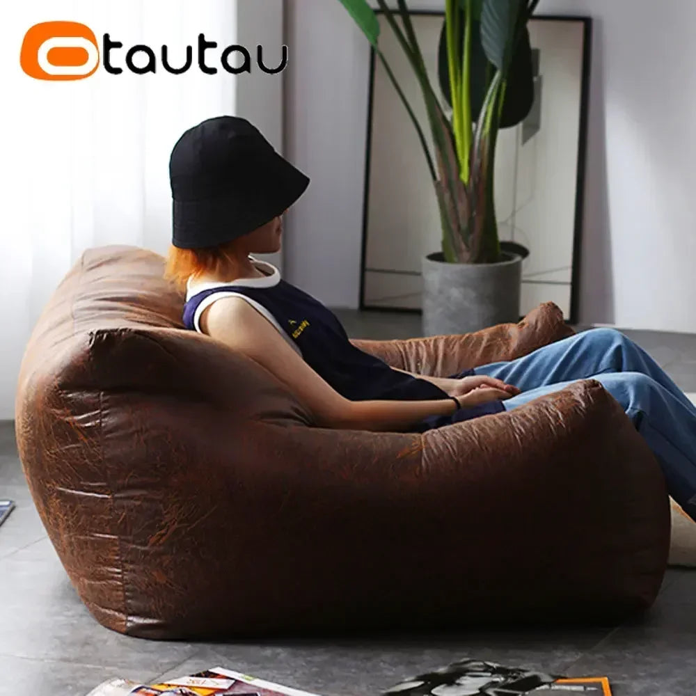 OTAUTAU Luxus Sitzsack-Sessel aus Retro-Wildlederoptik – Gefüllter Pouf & Lazy Chair mit Hocker, bequemer Einzelsessel für Wohnzimmer & Lounge (Modell SF042)