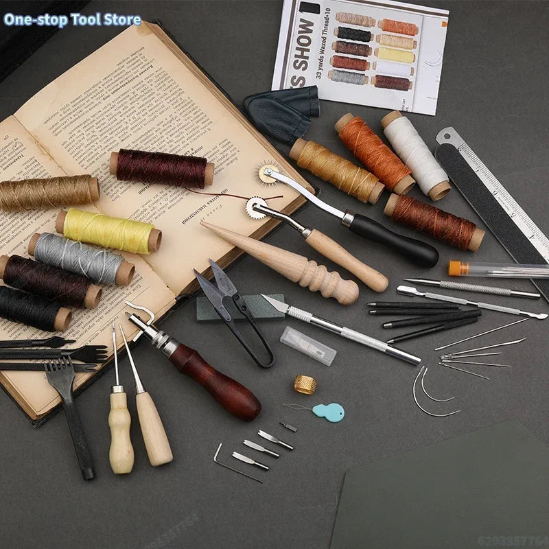 Leder Näh- & Werkzeugset – Leather Craft Stitching & Repair Kit mit gewachstem Faden, Ahle & Groover für Anfänger & Profis