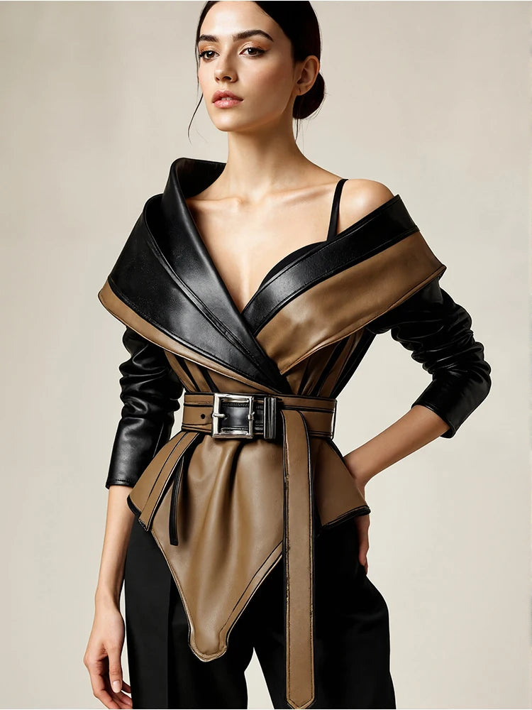 Damen PU Faux Lederjacke One-Shoulder – Asymmetrische Y2K Jacke mit Patchwork, unregelmäßigem Saum & Vintage Look