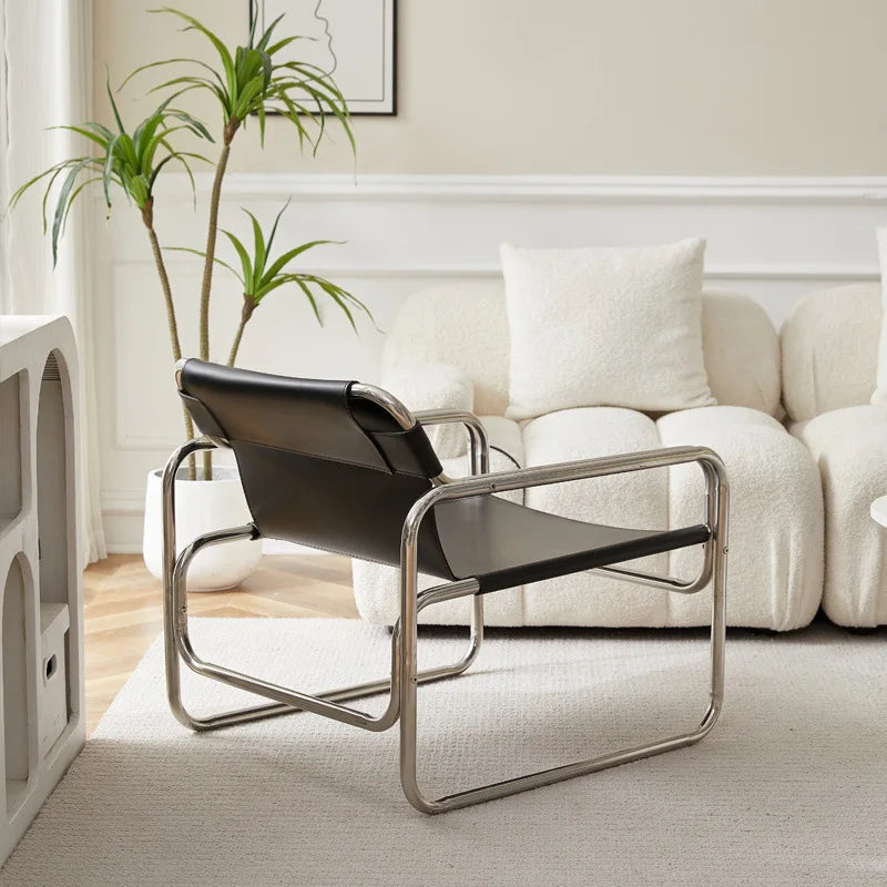 Bauhaus Designer Einzelsessel aus Edelstahl &amp; Sattelleder – Moderner Luxus Leisure- &amp; Relaxstuhl im nordischen Stil