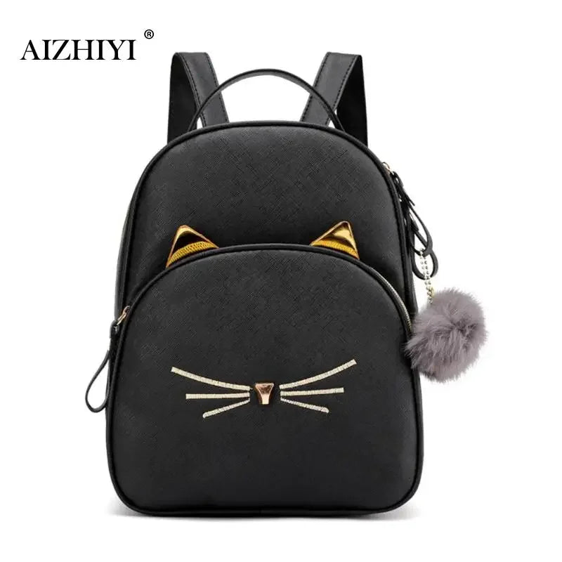 AIZHIYI Damen & Mädchen Rucksack – Kleiner PU Leder Schulrucksack mit Katzenmotiv, leicht & wasserabweisend
