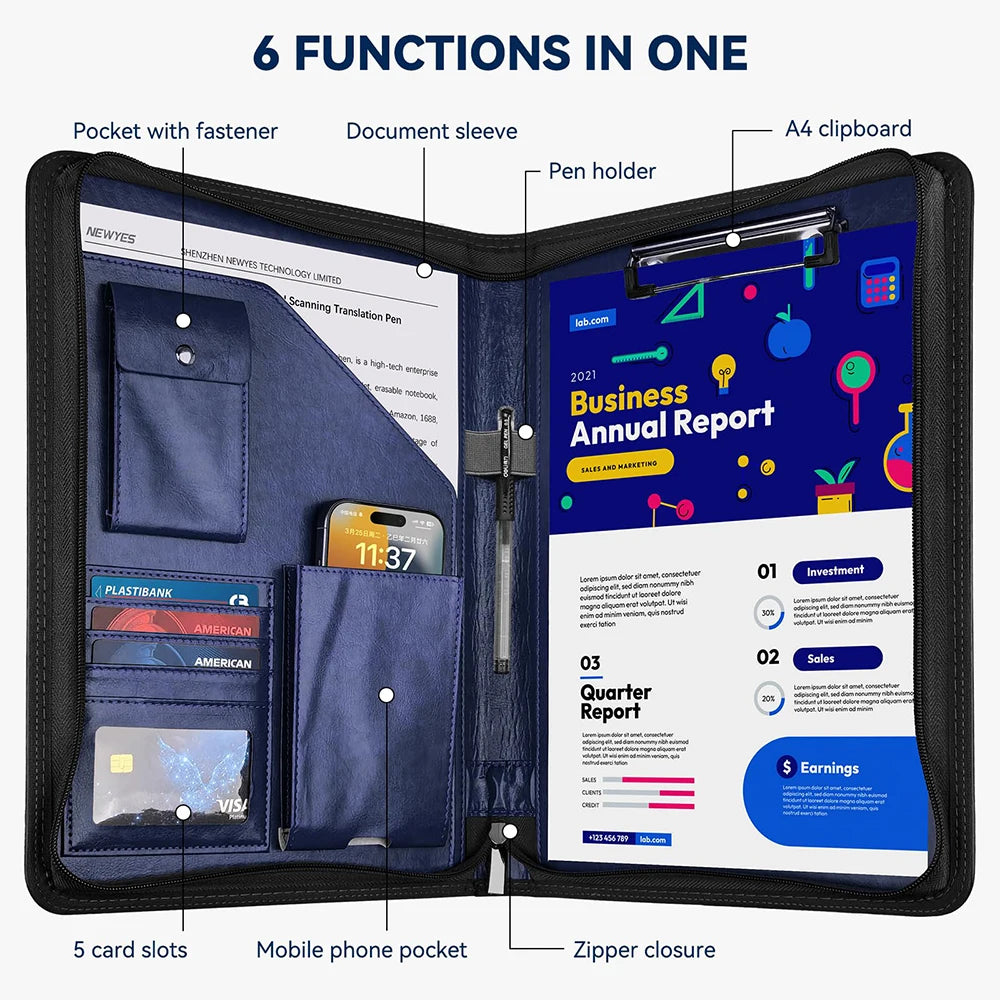 Organizador de carpetas de cuero A4 con Reißverschluss – Business Portfolio &amp; Dokumentenmappe 10,2 Zoll en azul