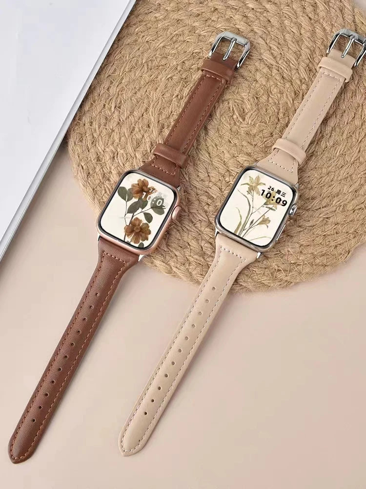 Schmales Lederarmband für Apple Watch – Elegantes Slim Leather Strap für Damen 38–45 mm & Ultra 49 mm mit Metallschließe