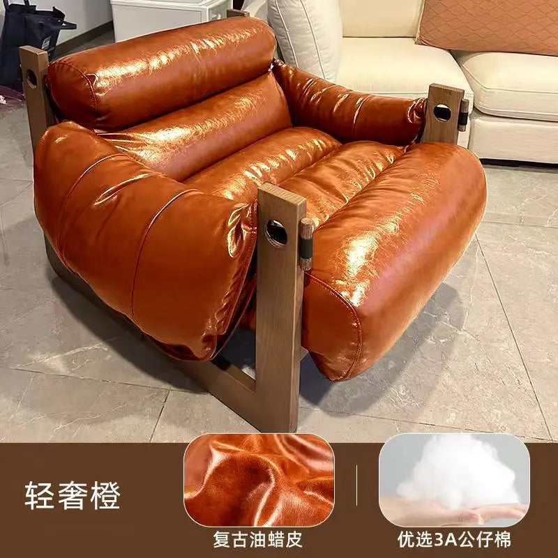 Italienischer Retro Lazy Sofa Chair aus Oil-Wax-Leder – Designer Leder-Armchair für Wohnzimmer, moderner Single Lounge Chair im Vintage-Stil