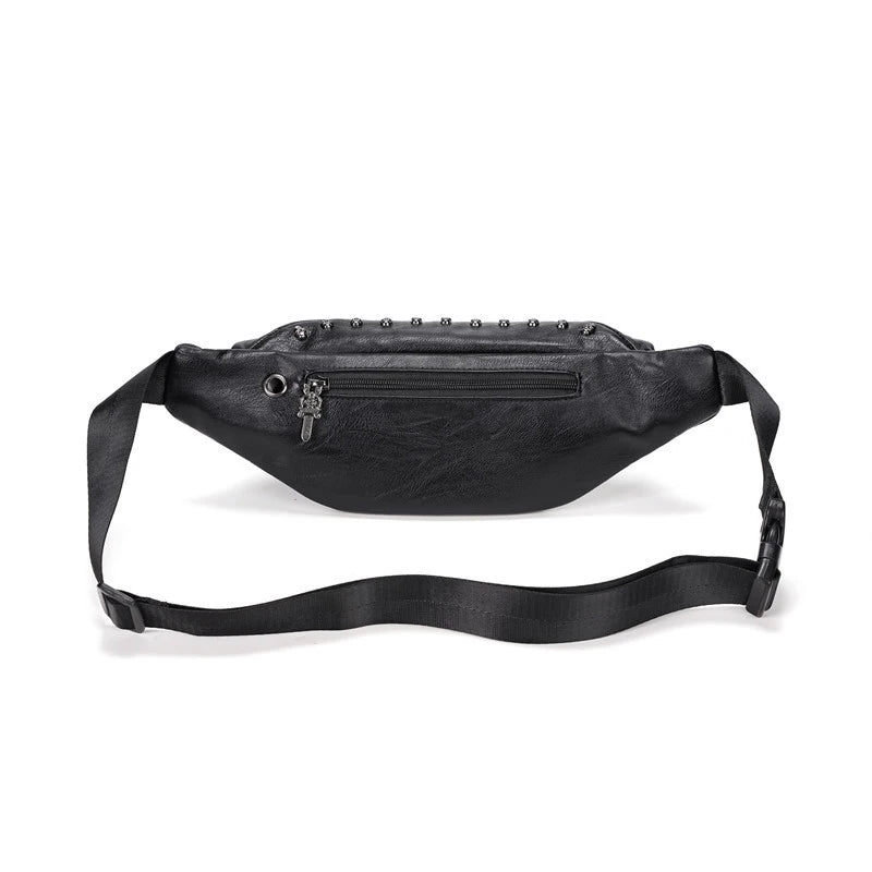 Annmouler Unisex Bauchtasche 2022 – Punk Style Fanny Pack aus Schwarzem PU-Leder mit Totenkopf, Nieten & Verstellbarem Gurt