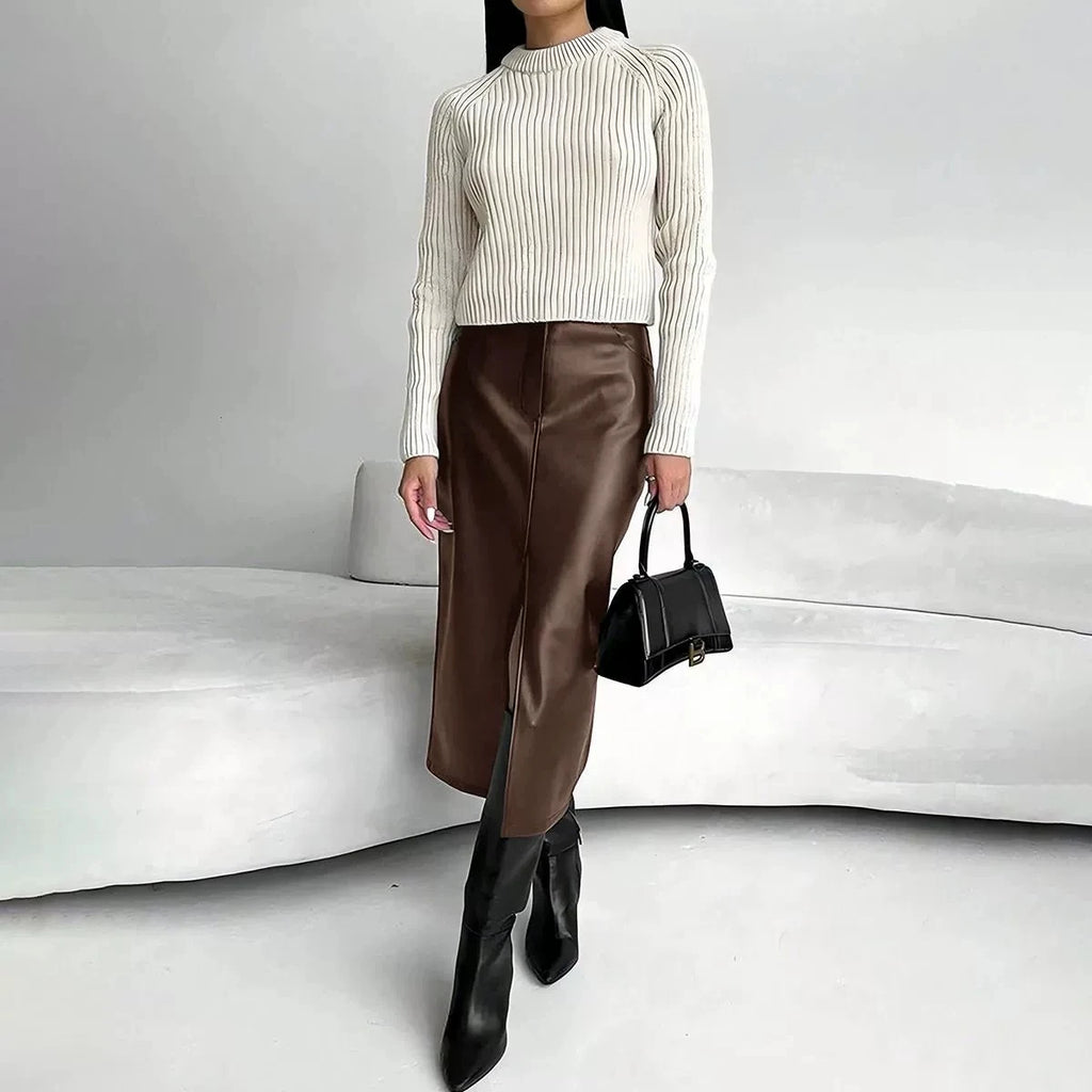 Damen PU Leder Midirock Schwarz – High Waist Rock mit Frontschlitz, eleganter Office- & Alltagsrock in Lederoptik für Herbst