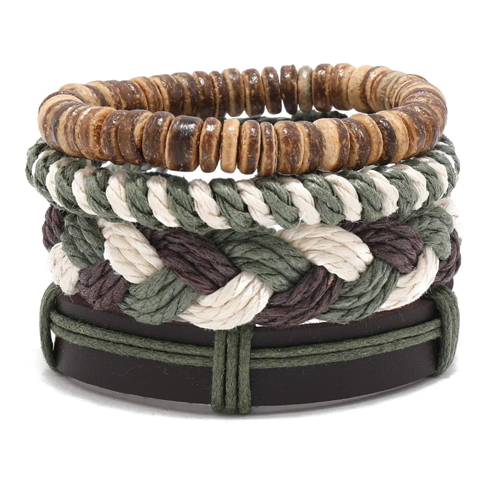 Boho Lederarmband für Herren – Handgeflochtenes Armband mit Holzperlen & Kokosschale, verstellbares Ethno Charm Armband