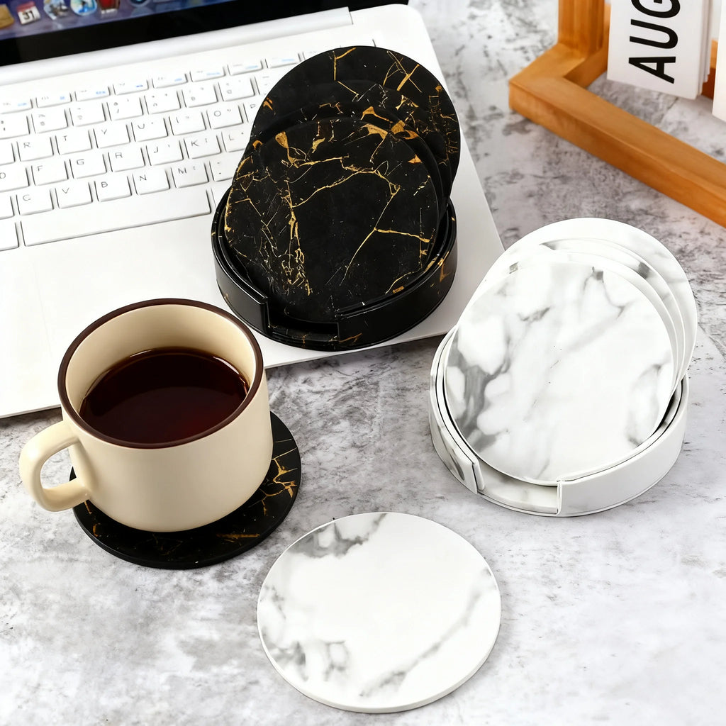6er-Set personalisierte Leder-Marmor Untersetzer – Runde, hitzebeständige Getränkeunterlagen mit kostenloser Gravur für Kaffee &amp; Tee 