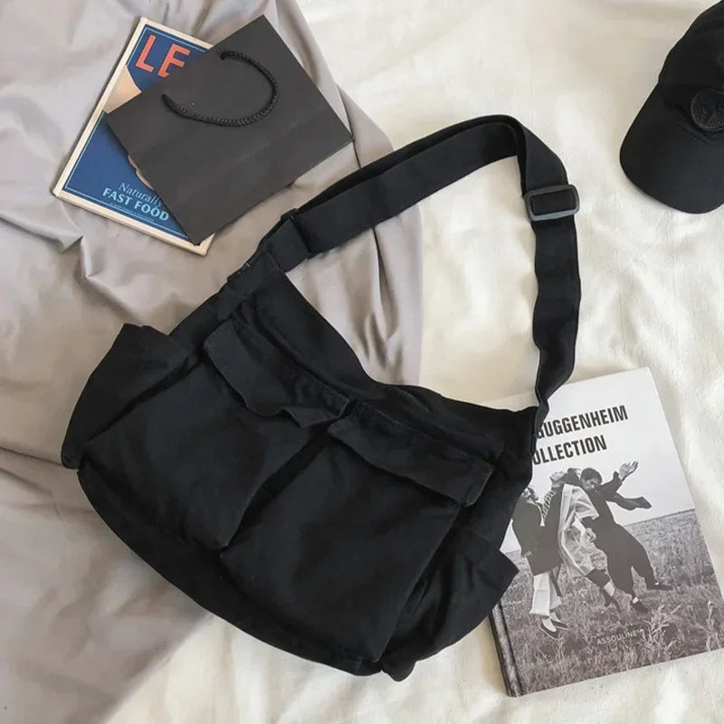 Damen Canvas Messenger Bag – Große Vintage-Schultasche & Schultertasche für Alltag