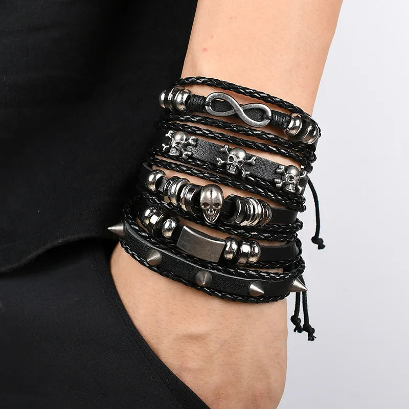 Viking Lederarmband mit Totenkopf – Verstellbares Herren- & Unisex Armband im Neo-Gothic Stil, Geflochtenes Lederarmband
