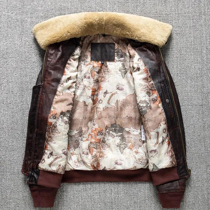 Herren G1 Fliegerlederjacke aus echtem Rindsleder – Braune Air-Force Pilotenjacke mit abnehmbarem Fellkragen, Winter Militärjacke bis 6XL