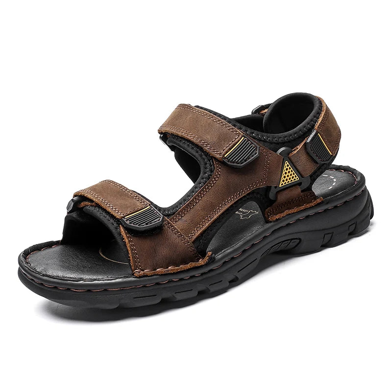 Sandales d'été en cuir pour hommes – Bequeme Slip-On Outdoor Schuhe mit rutschfester Sohle, Weiche Komfort-Sandalen für Strand &amp; Freizeit 