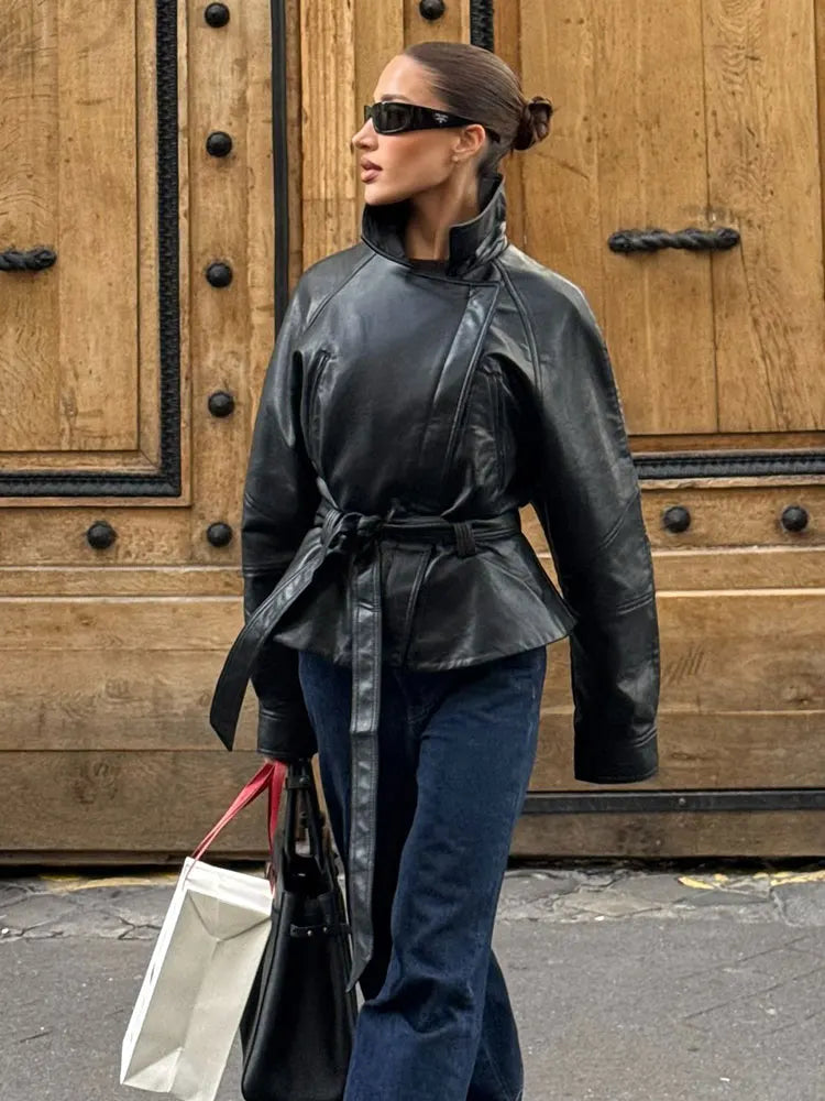 HH Damen Vintage Motorradjacke – Kurze Bikerjacke aus Faux Leder mit Gürtel, Reverskragen &amp; Reißverschluss für Herbst und Winter 
