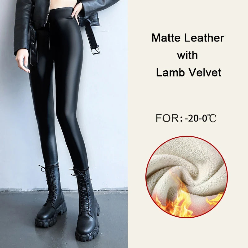 BIVIGAOS Damen Samt PU Leder Leggings – High Waist, warm gefüttert, matte Lederoptik & Slim Fit für Herbst und Winter