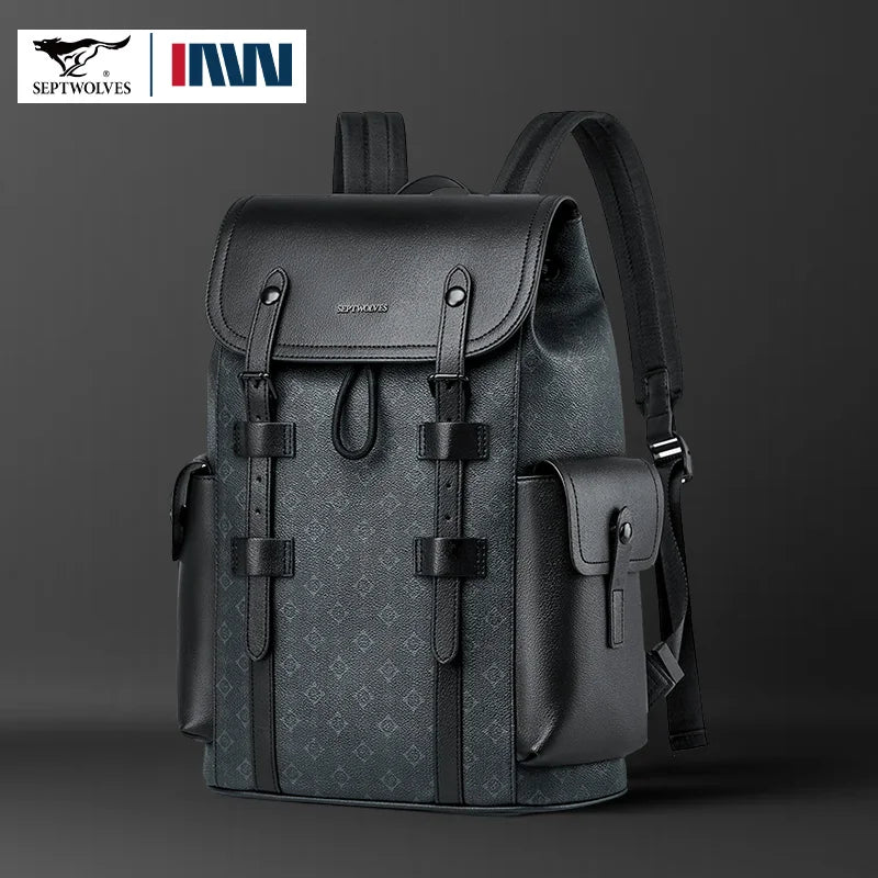 SEPTWOLVES Business Leder Rucksack Herren – Designer Laptop Rucksack mit Monogramm, Kordelzug & Klappenverschluss