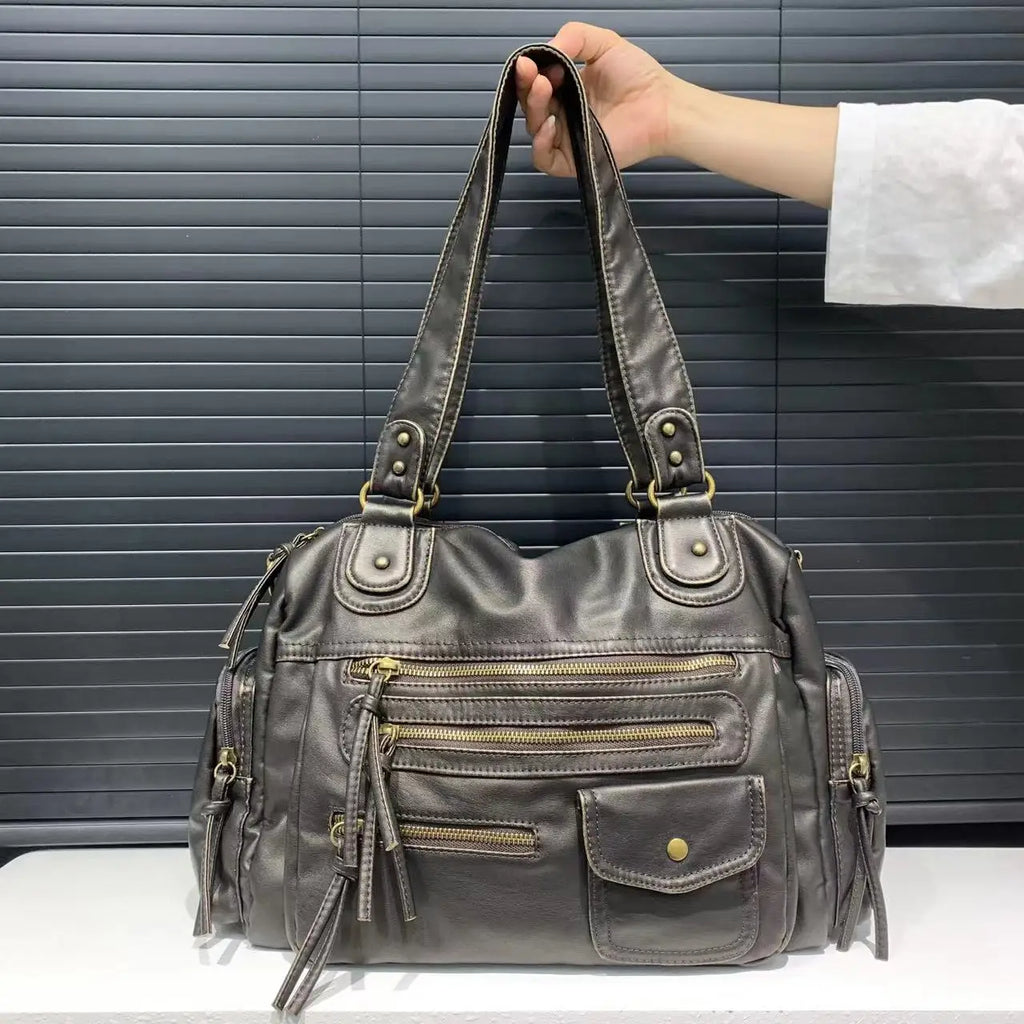 Y2K Bolso bandolera para mujer – Vintage PU-Leder Motorrad Tasche mit Multi-Fächern, Große Kapazität Schultertasche für Frauen
