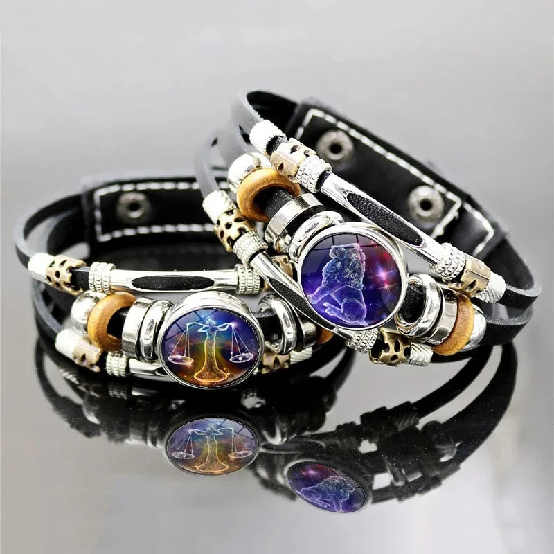 Sternzeichen Lederarmband mit Druckknopf – Zodiac Armband mit Glas-Cabochon für Damen & Herren, 12 Sternzeichen Unisex Schmuck