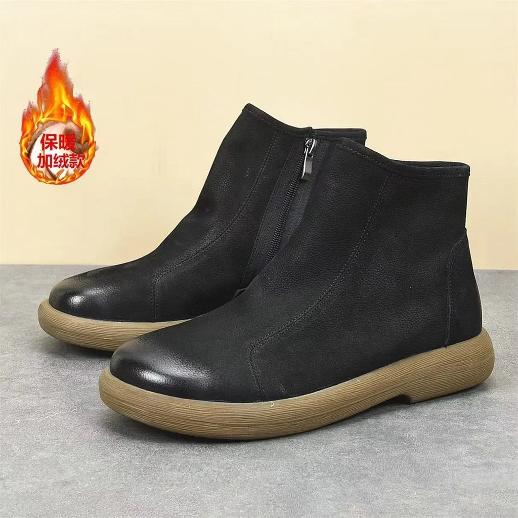 Handgefertigte Damen Stiefeletten aus echtem Leder – Warme Retro Ankle Boots mit Rundspitze &amp; Reißverschluss (Größe 35–45) 