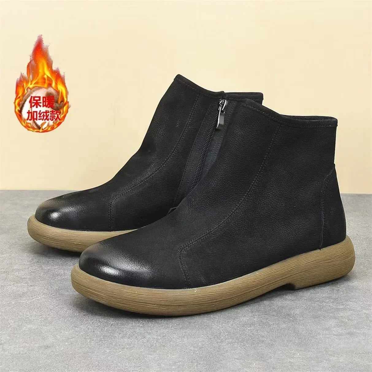 Handgefertigte Damen Stiefeletten aus echtem Leder – Warme Retro Ankle Boots mit Rundspitze & Reißverschluss (Größe 35–45)